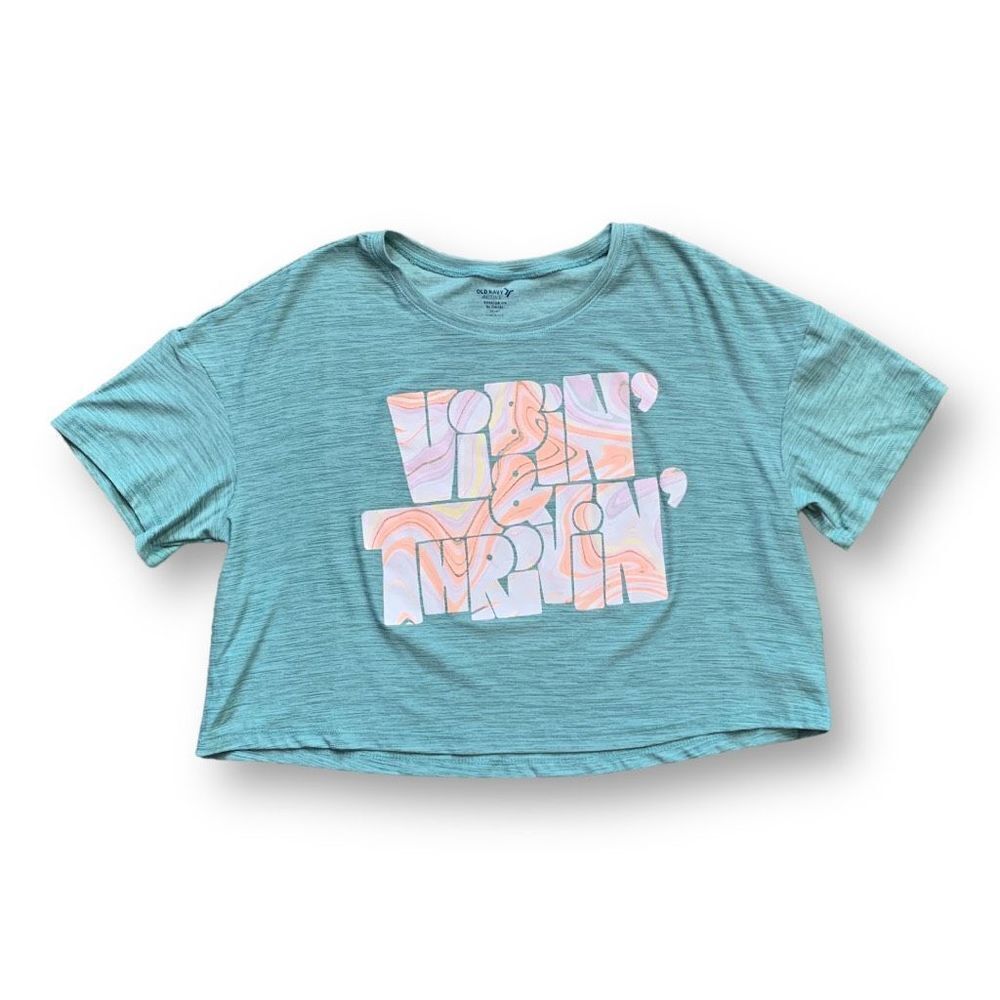 Girls Old Navy Active Tee Vibin & Thrivin Cropped Graphic Green Retro Style XL